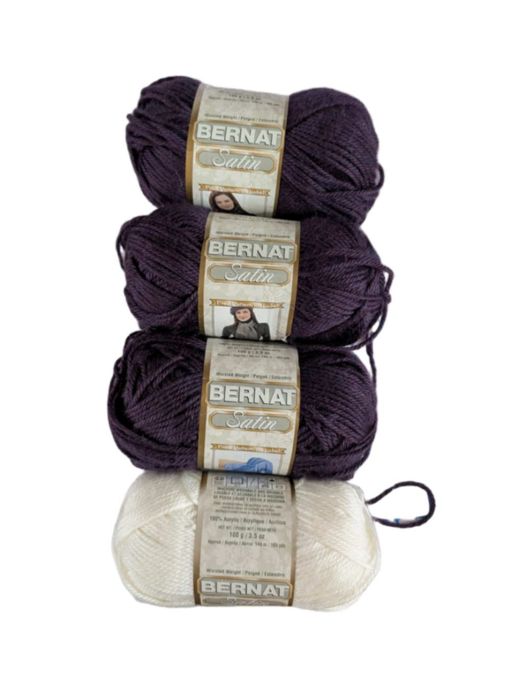 Bernat Satin Worsted Weight Yarn Lot of 4 Purple and White